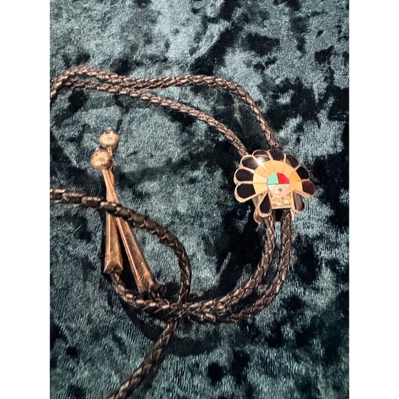 Sterling Silver Zuni Sun Face Native American Turquoise Coral Bolo Tie Slide - Picture 2 of 9